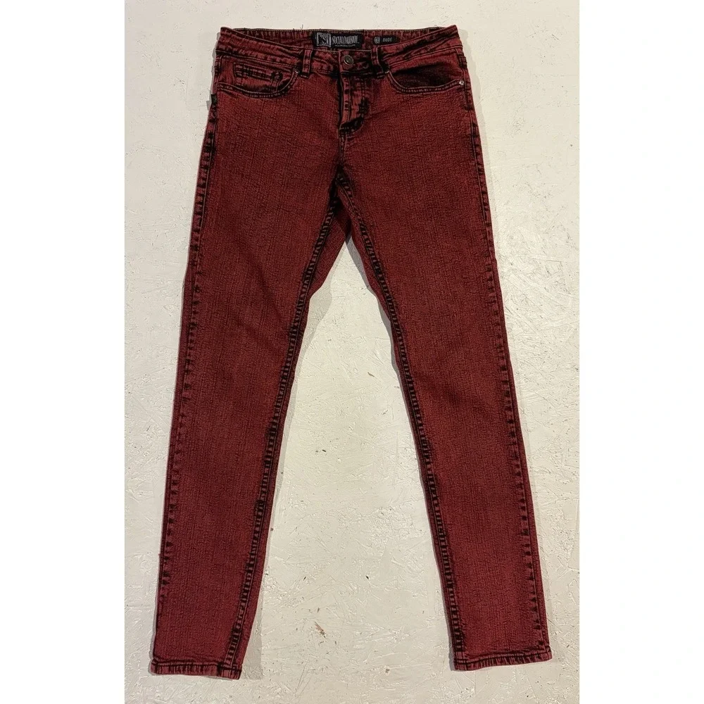 Social Collision Rude Skinny Jeans Red Black Acid Wash Punk Emo Denim 30x32 - Picture 1 of 11